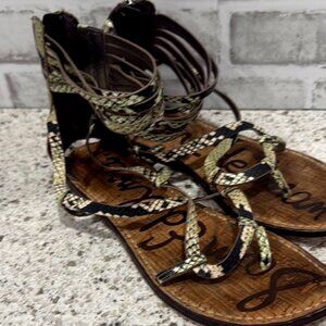 Black and Tan Faux Snakeskin Sandals